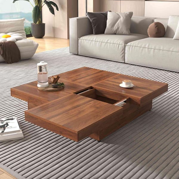 39.4 in. Walnut Square MDF Coffee Table with 2 Drawers