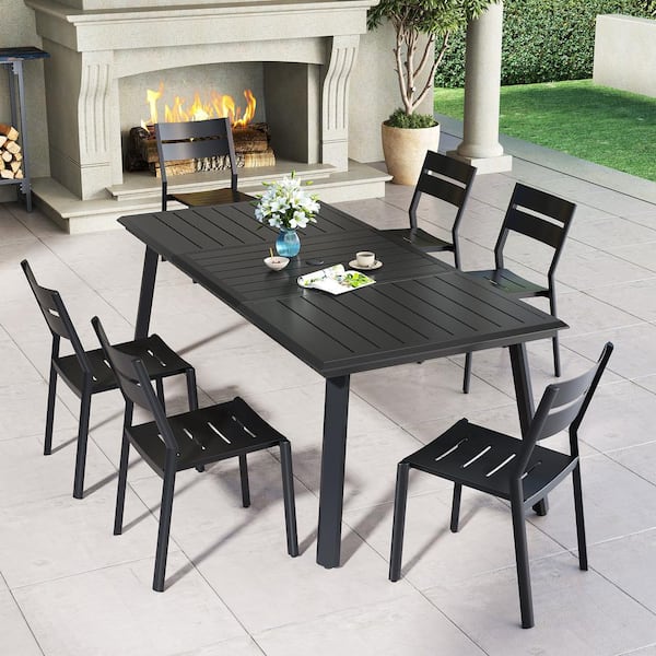 Black 7-Piece Aluminum Outdoor Dining Set with Umbrella Hole, 83 in. Table and Stackable Chairs