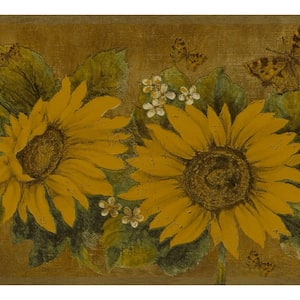 Falkirk Dandy Yellow, Mustard Sunflowers, Butterflies Floral Peel and Stick Wallpaper Border