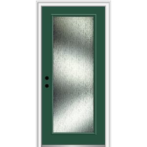 32 in. x 80 in. Right-Hand/Inswing Rain Glass Hunter Green Fiberglass Prehung Front Door on 4-9/16 in. Frame