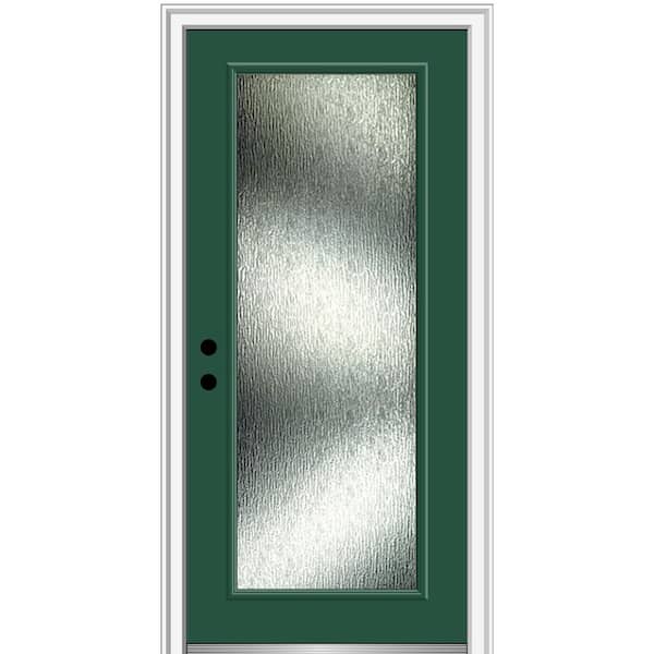 MMI Door 34 in. x 80 in. Right-Hand Inswing Rain Glass Hunter Green Fiberglass Prehung Front Door on 4-9/16 in. Frame