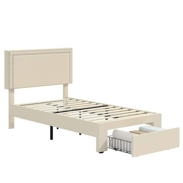 VECELO Platform Bed Frame Beige Metal Frame Twin Size Platform Bed with 1-Storage Drawer, Upholstered bed with Headboard