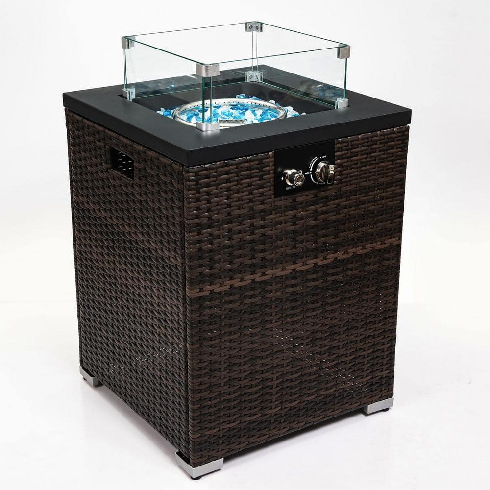 Brown 21 in. 40000 BTU Square Wicker Propane Outdoor Fire Pit Table with Gl
