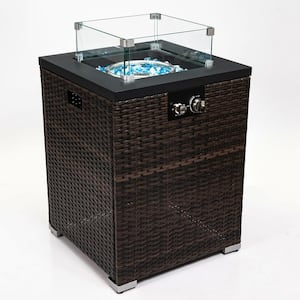 Brown 21 in. 40000 BTU Square Wicker Propane Outdoor Fire Pit Table with Glass Wind Guard Lid Fire Glass Beads