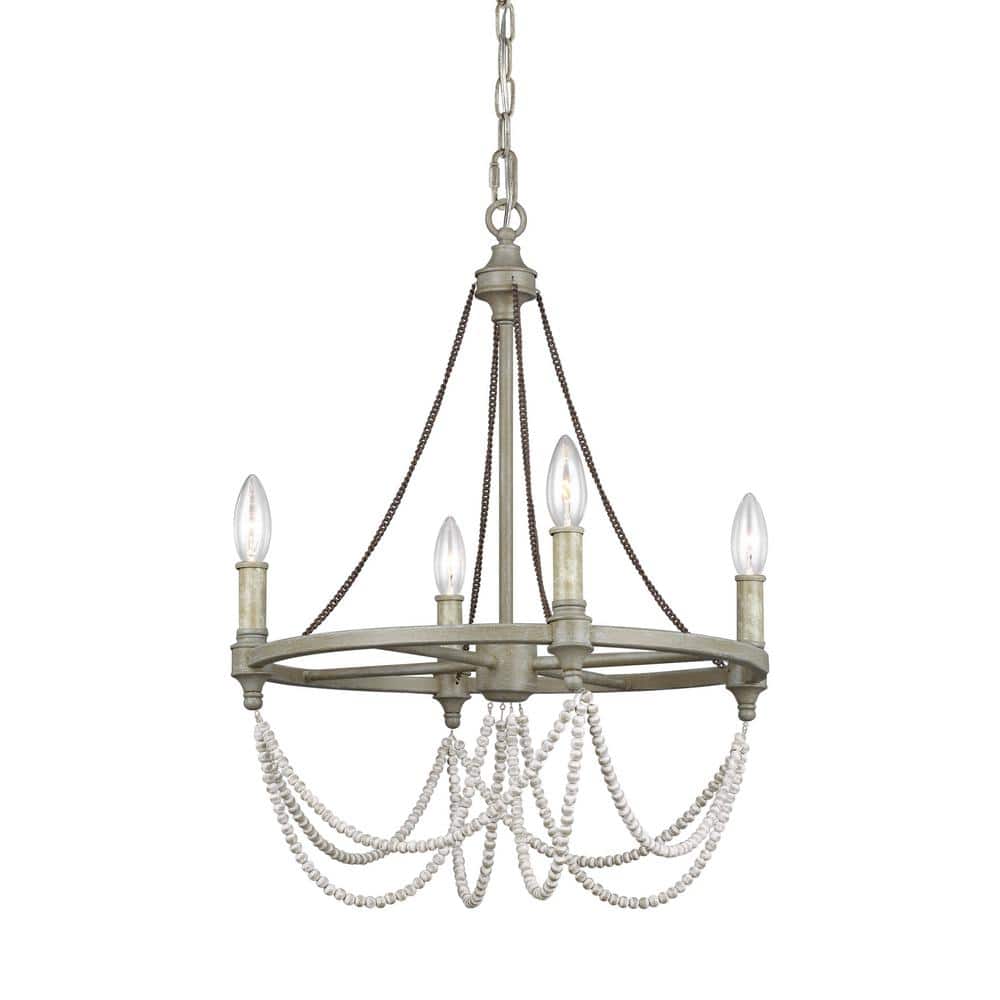Beverly 4-Light French Washed Oak and Distressed White Wood Chandelier