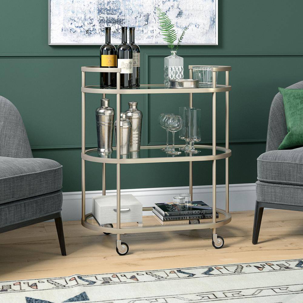 Evelyn&Zoe Satin Nickel Oval Bar Cart with Tempered Glass Shelves