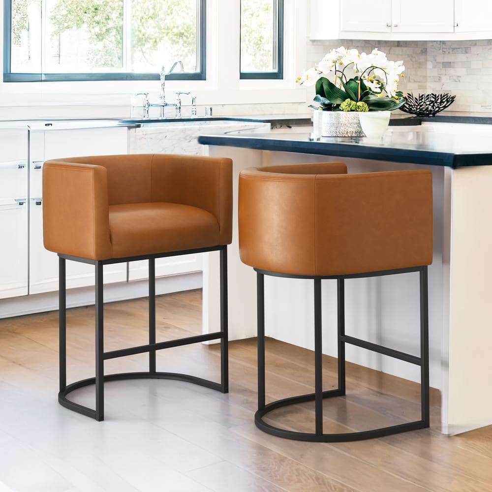 26 in. Yellow Brown and Black Low Back Bar Stool with Metal Frame Counter Height Faux Leather Counter Stool (Set of 2) -  LUE BONA, LB23CH0045-400