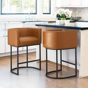 26 in. Yellow Brown and Black Low Back Bar Stool with Metal Frame Counter Height Faux Leather Counter Stool (Set of 2)