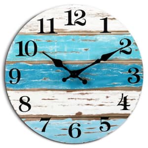 10 in. Round Rustic Coastal Country Battery Powered Silent Wall Clock for Kitchen and Living Room, Blue and White