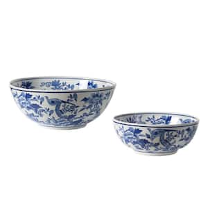 Decorative Ceramic Bowls - Set of 2 - Blue/White