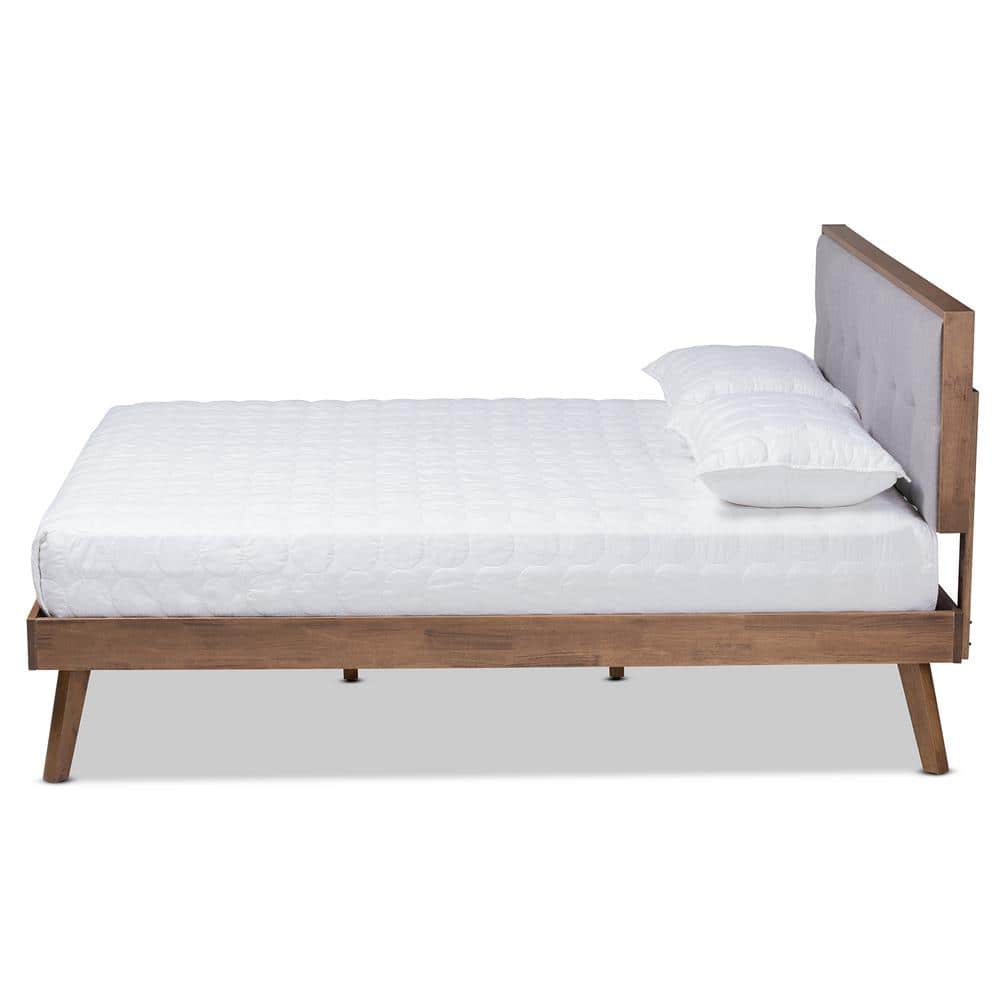 Elegant King-Sized Walnut Wood Frame Bed with Light Grey Upholstered Tufted Headboard