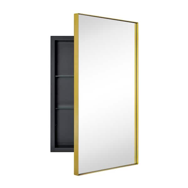 TEHOME Fulleti 16 in. W x 26 in. H Rectangular Metal Framed Medicine Cabinet with Mirror in Brushed Gold