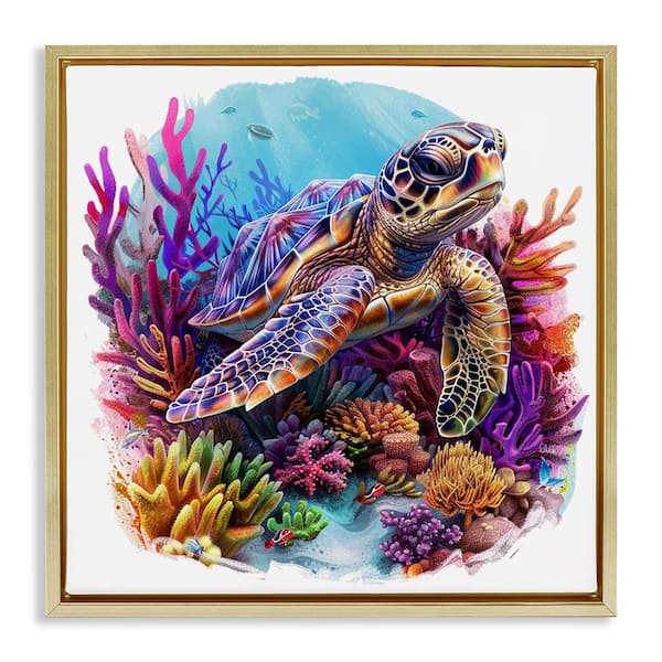 Stupell Industries Turtle and Purple Coral by LSR Design Studio Gold Floater Frame Animal Graphic Art Print 25 in. x 25 in.