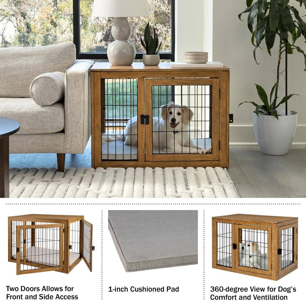 Medium Natural Acacia Wood and Metal Dog Crate Table