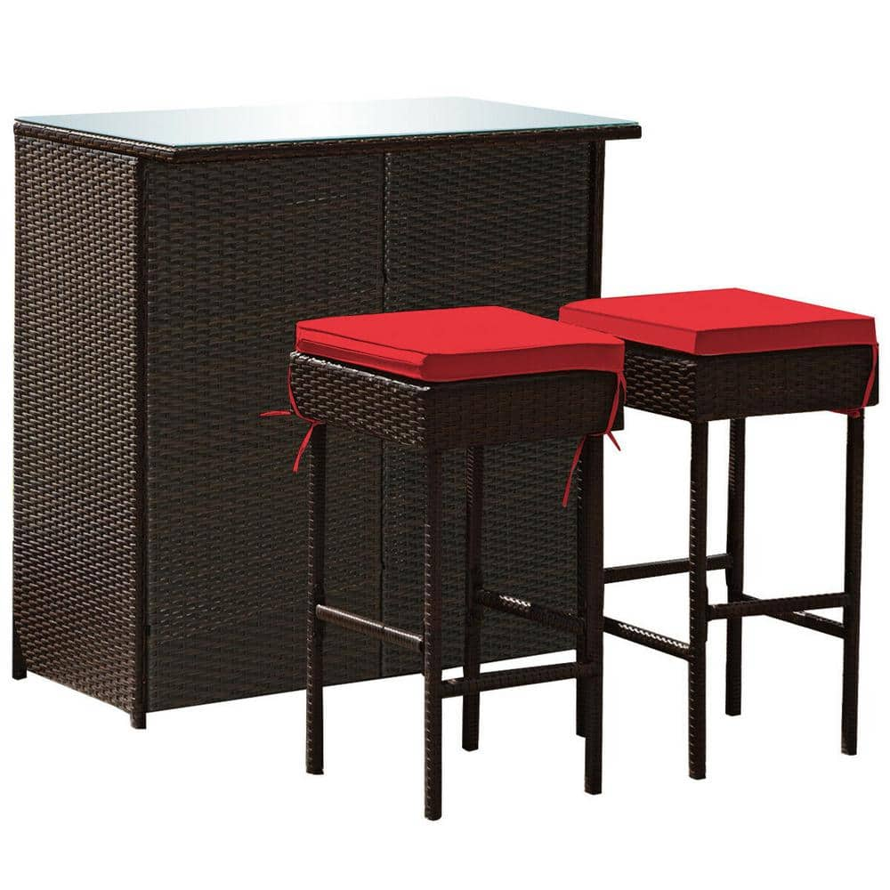 SUNRINX 3-Piece Brown Wicker Outdoor Bar Set with Red Cushions ...