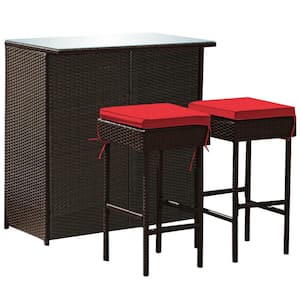 3-Piece Brown Wicker Outdoor Bar Set with Red Cushions