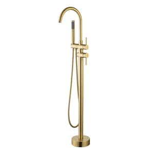 2-Handle Freestanding Floor Mount Tub Faucet Bathtub Filler with Hand Shower in Brushed Gold