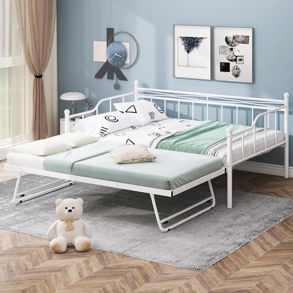 Qualler White Full Metal Daybed with Twin Adjustable Trundle