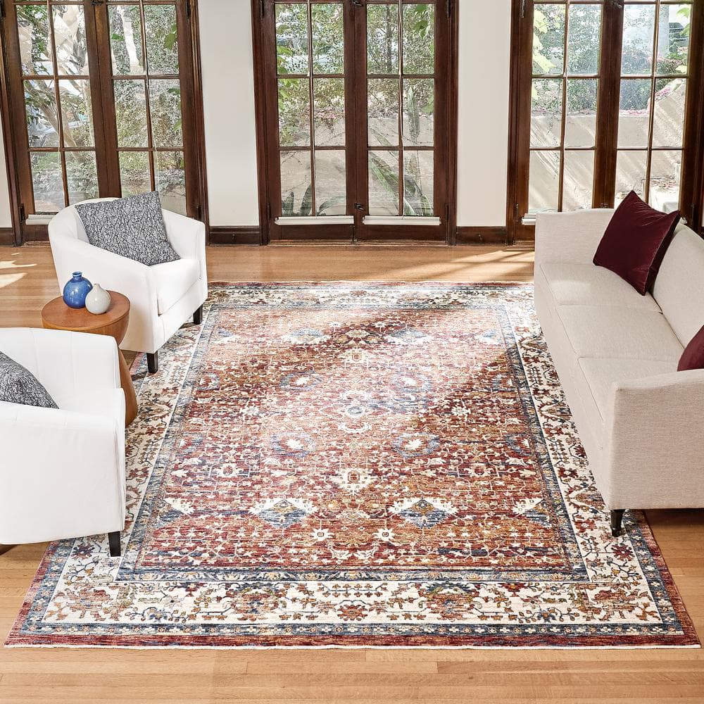 Tudor Red and Blue Rectangular Synthetic Area Rug