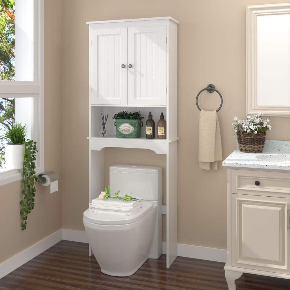 White Wood Over-the-Toilet Storage with Adjustable Shelves and Doors