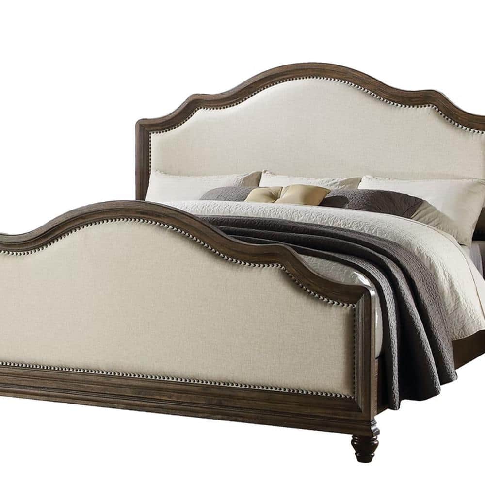 Elegant Queen Bed with Nailhead Trim in Beige Linen & Weathered Oak