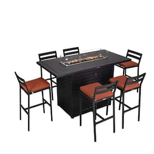 7-Piece Aluminum Patio Dining Bar Set with Fire Pit Table and 4-Barstool with Removable Cushion in Orange