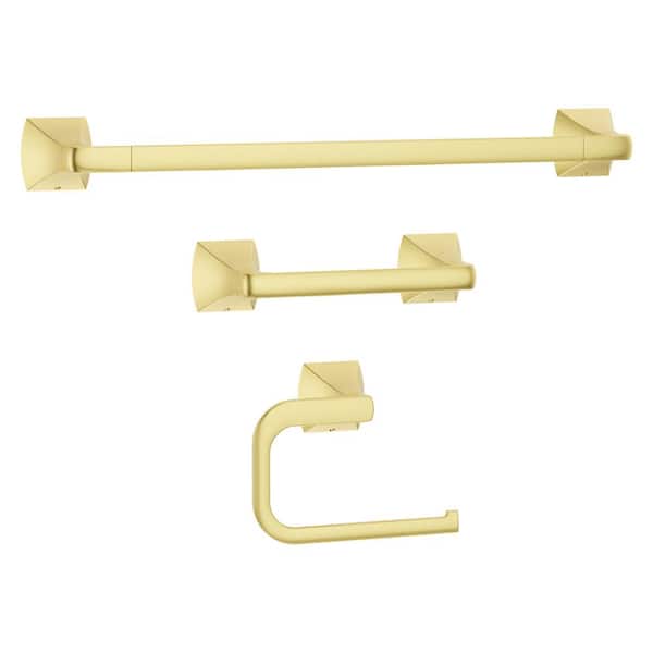 Pfister Bruxie 3-Piece Bath Hardware Set with 18 in Wall Mount Single Towel Bar, Paper Holder and Towel Ring in Brushed Gold