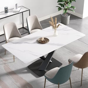 70.87 in. Bottom Radius Rectangular White Sintered Stone Dining Table with Black Pedestal Legs (Seats 6)