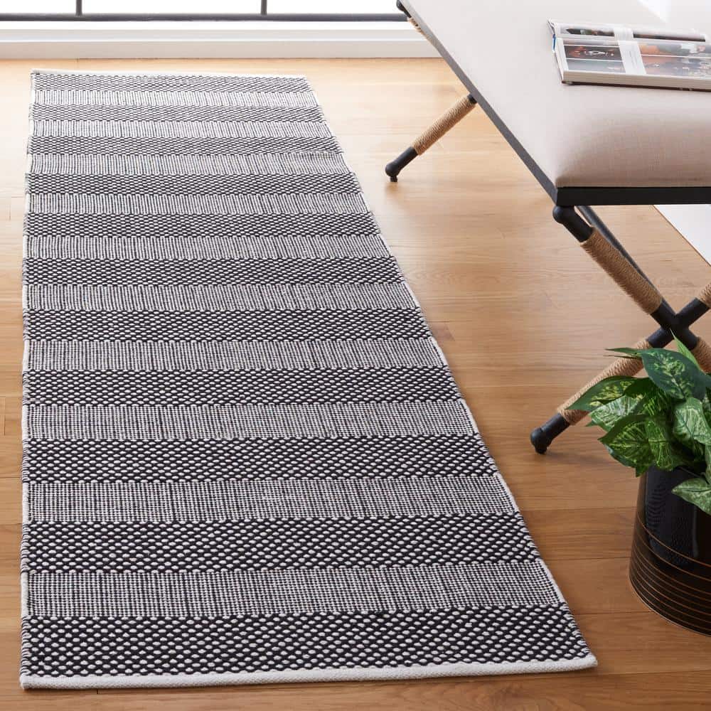 Ivory and Black Striped Kilim Flat Weave Runner Rug