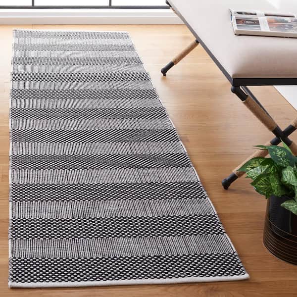 Striped Kilim Ivory Black 2 ft. x 8 ft. Striped Runner Rug