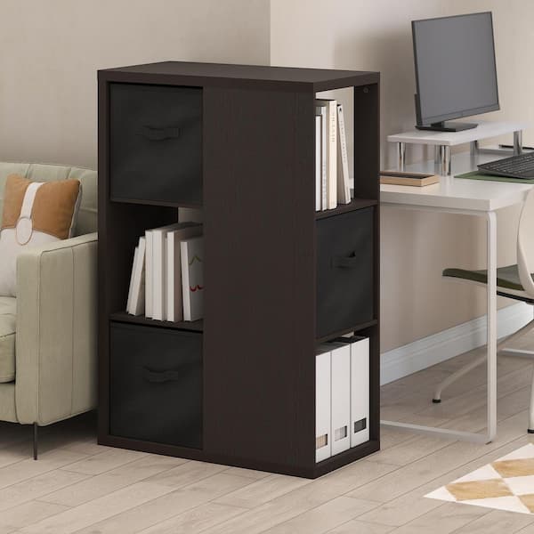 Viola 43.82 in. Tall Dark Oak/Black Wood 3-Shelf Standard Bookcase with Three Storage Bins