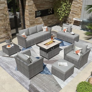 Bexley Gray 10-Piece Wicker Rectangle Fire Pit Patio Conversation Seating Set with Dark Gray Cushions