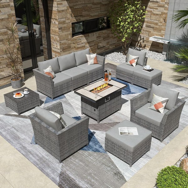 OVIOS Bexley Gray 10-Piece Wicker Rectangle Fire Pit Patio Conversation Seating Set with Dark Gray Cushions