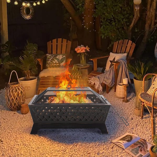 PHI VILLA 33.9 in. L x 24 in. W x 12.7 in. H Antiqued Knit Pattern Rectangle Metal Wood Fire Pit