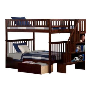 Woodland Walnut Full Over Full Staircase Bunk Bed with 2-Urban Bed Drawers
