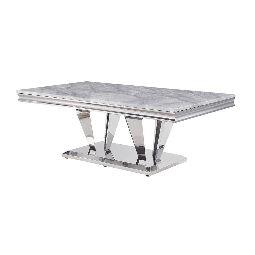 Elegant 54'' Light Grey Marble & Mirrored Silver Coffee Table