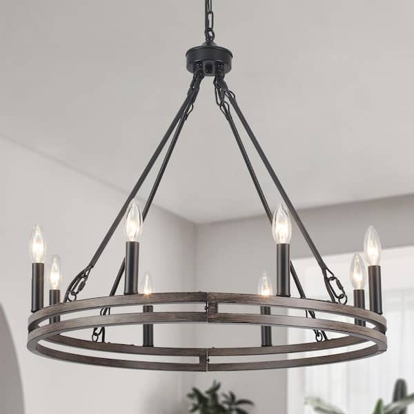 LWYTJO 26 in. 8-Light Imitation Wood Grain Retro Candle Wagon Wheel Chandelier with 59 in. Matel Chain for Bedroom Hallway Bar