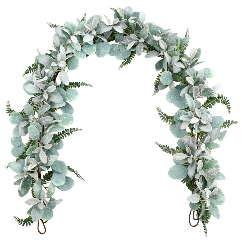 3.23 in. 2 Pack Artificial Flocked Lambs Ear Garland Green Eucalyptus Fern Leaves Vine for Mantle Fireplace Door Window