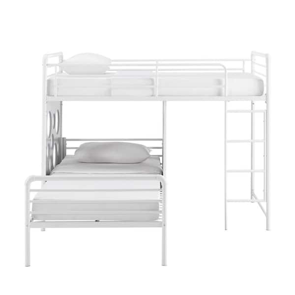 Welwick Designs White/Cool Grey Metal Twin L-Shaped Bunk Bed with Wood Circle Cut-Out Panels