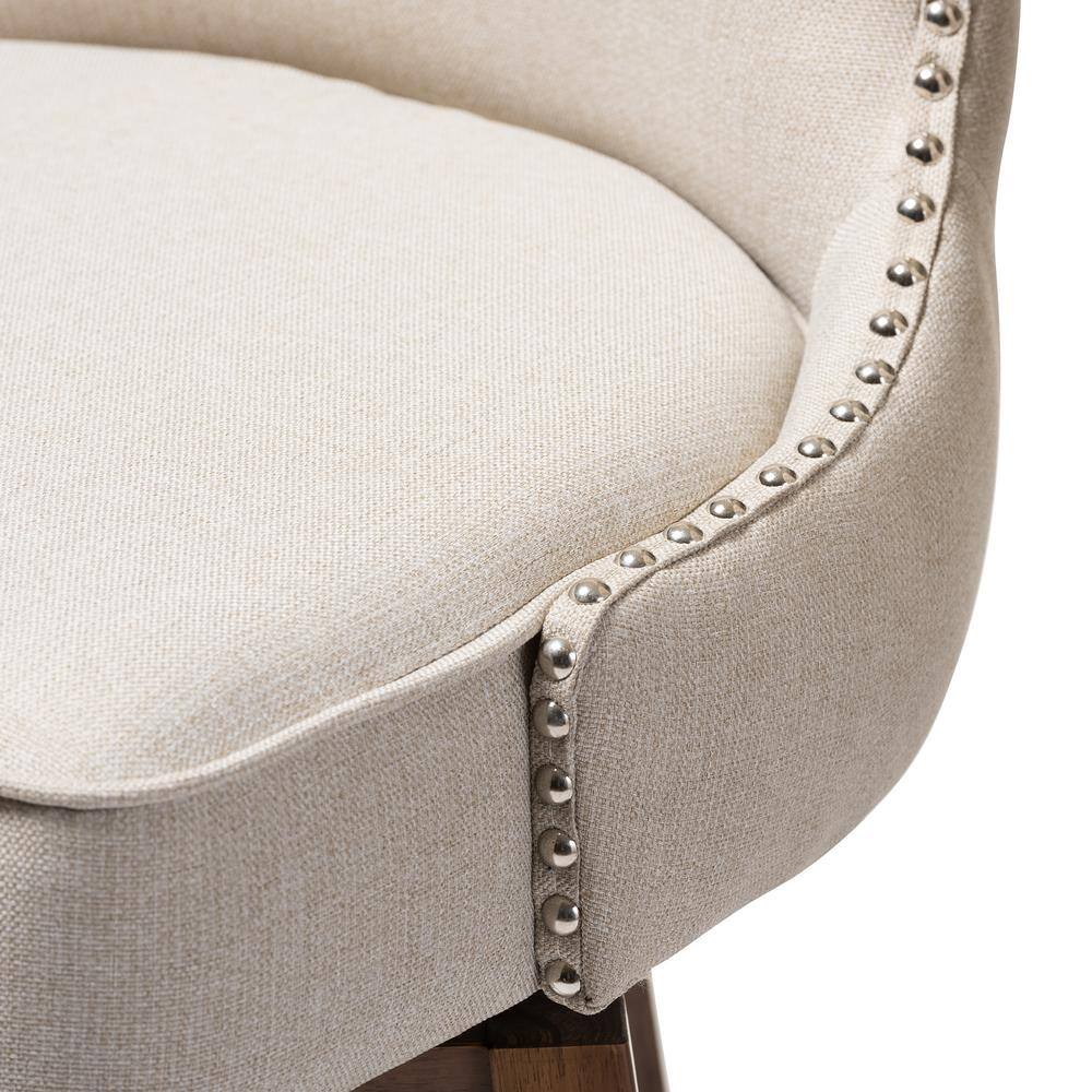 Modern Light Beige Button-Tufted Swivel Barstool in Walnut Wood