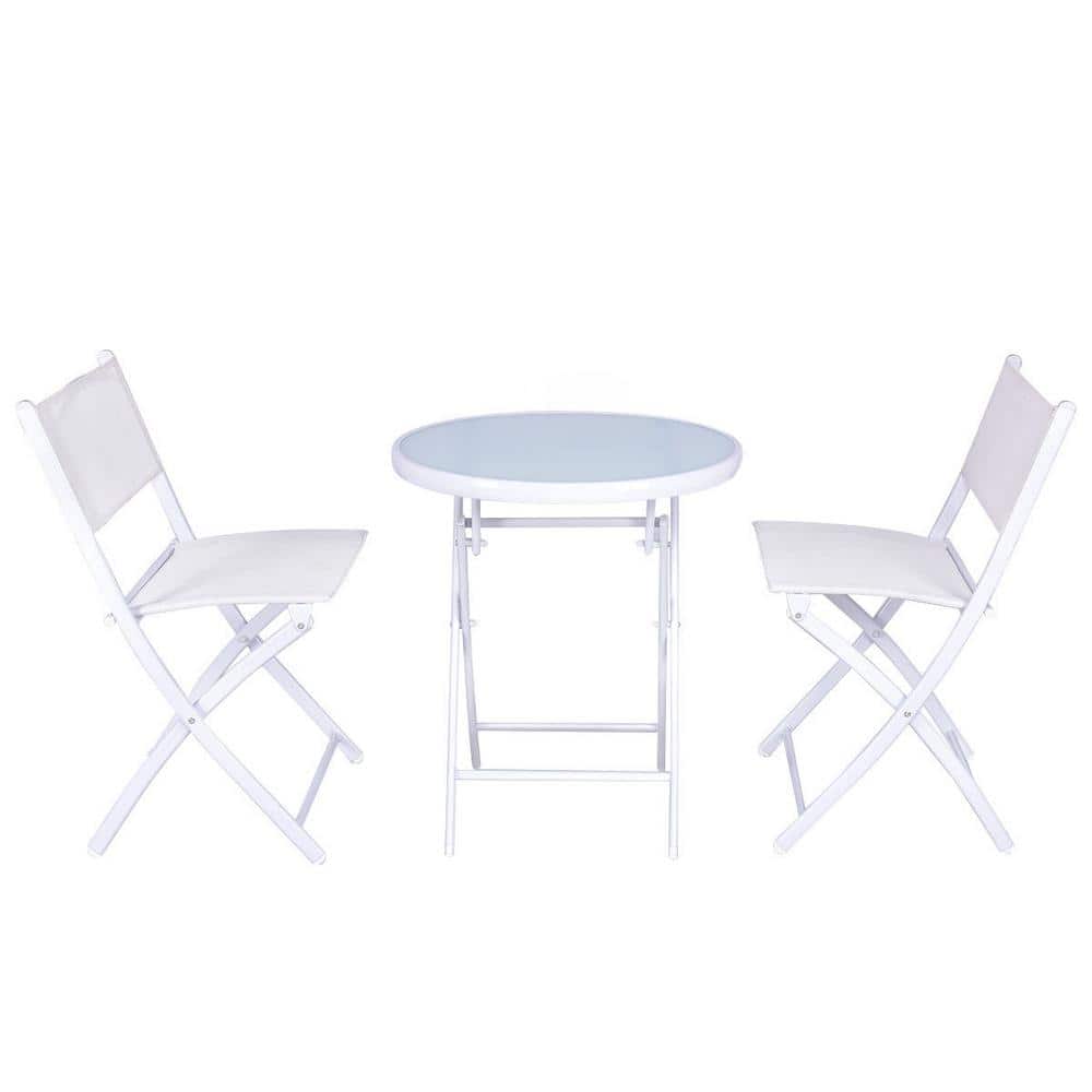 White 3-Piece Metal Round Folding Garden Patio Outdoor Dining Set