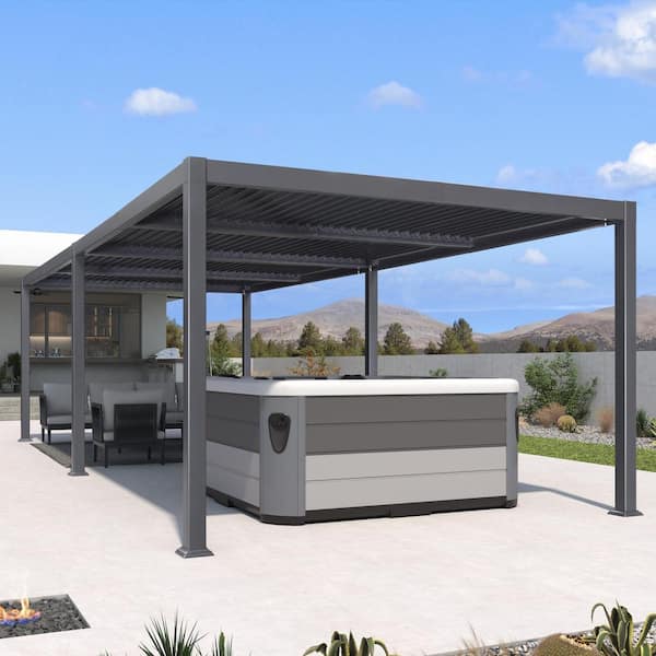 PURPLE LEAF 11.4 ft. x 27.2 ft. Gray Aluminum Outdoor Louvered Pergola with 4 Individual Adjustable Roofs and In-Built Gutter System