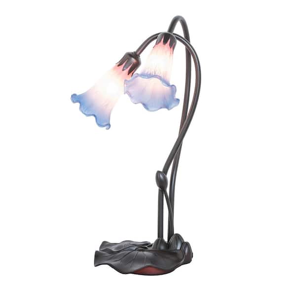 Pond Lily 16 in. Mahogany Bronze Novelty Victorian Accent Table Lamp with Pink and Blue Glass Shade