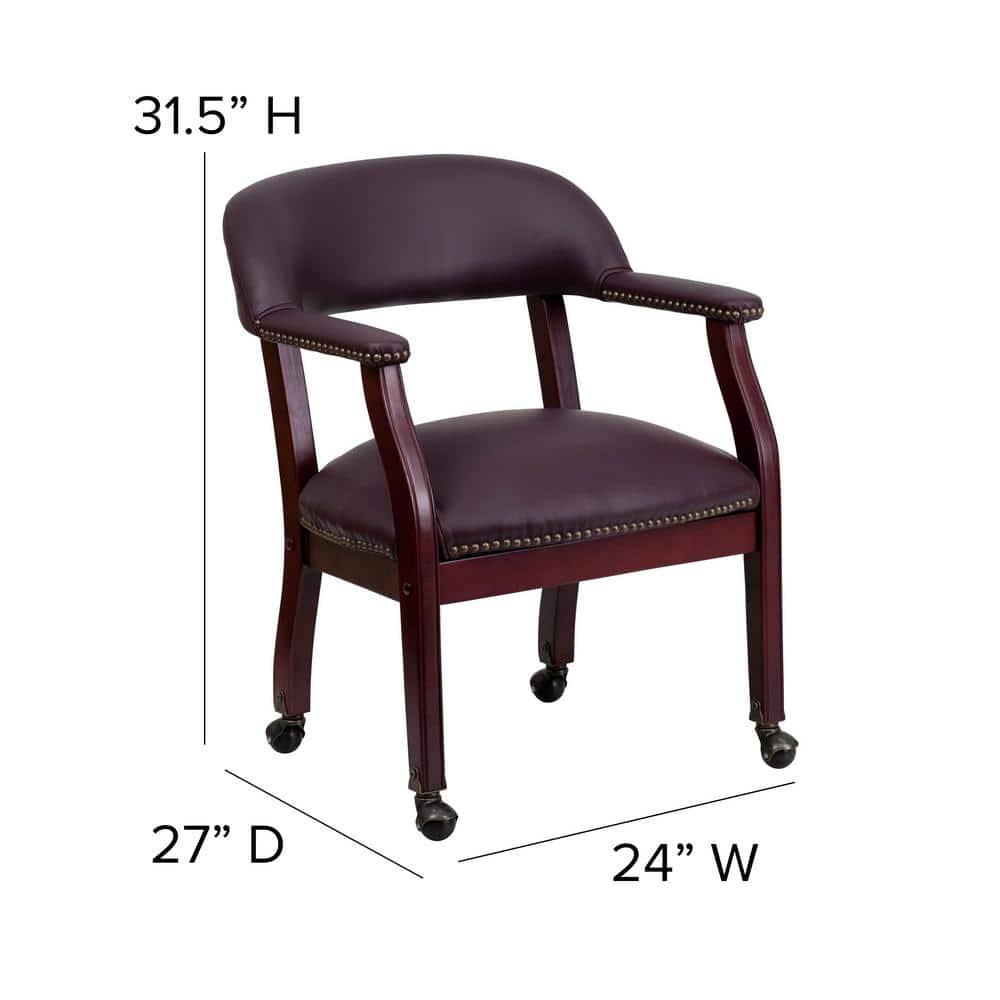 Elegant Burgundy LeatherSoft Traditional Office Armchair with Brass Accents