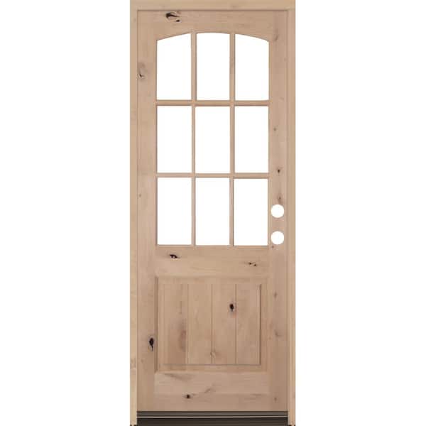 Krosswood Doors 42 in. x 96 in. Knotty Alder Left-Hand/Inswing 9-Lite Arch Top V-Panel Clear Glass Unfinished Wood Prehung Front Door