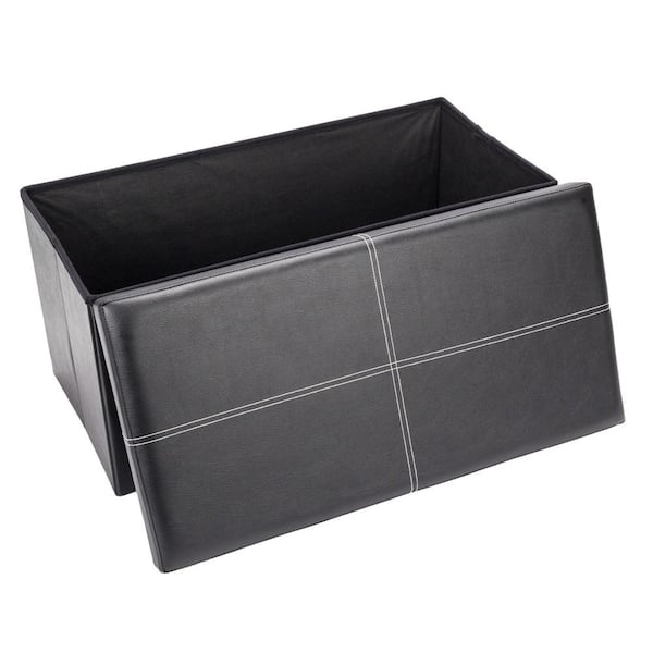 Winado Folding Leather Black Footstool Cuboid Ottoman