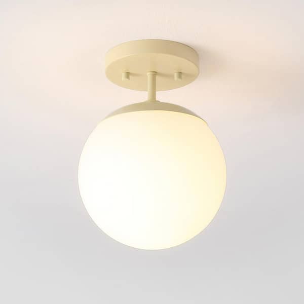Marcel Bistro 7.75 in. 1-Light Bohemian Farmhouse Iron/Frosted Glass LED Semi Flush Mount, Beige/White