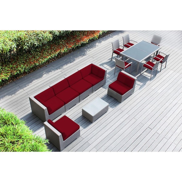 Ohana Depot Ohana Gray 14-Piece Wicker Patio Conversation Set with Stackable Dining Chairs and Sunbrella Jockey Red Cushions