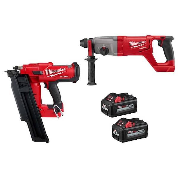 Milwaukee M18 FUEL 3-1/2 in. 18-Volt 21-Degree Lithium-Ion Brushless Cordless Nailer w/1 in. Rotary Hammer, Two 6Ah HO Batteries