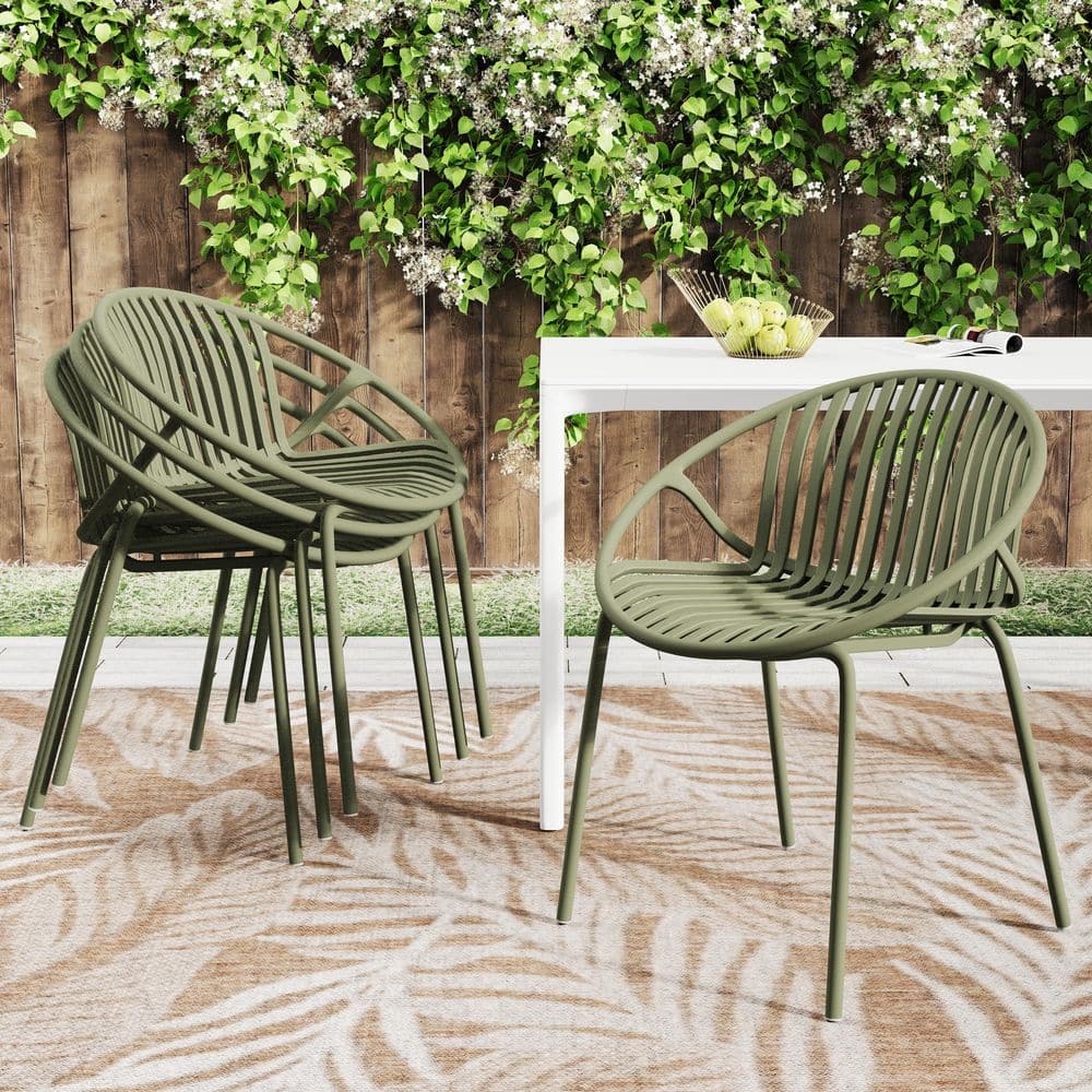 Green Metal Outdoor Dining Chair with Breathable Design, Set of 2